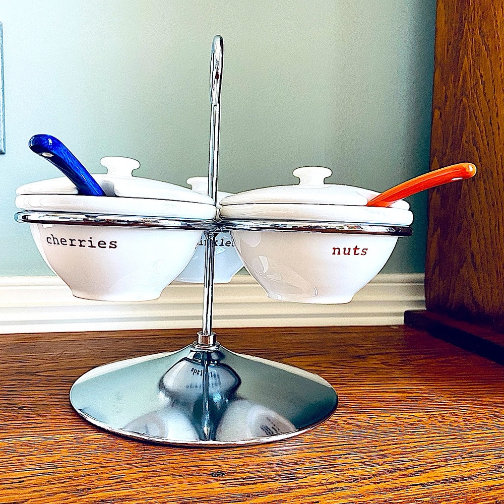 🥣Pottery Barn Scoop Condiment stand Server with 3 bowls